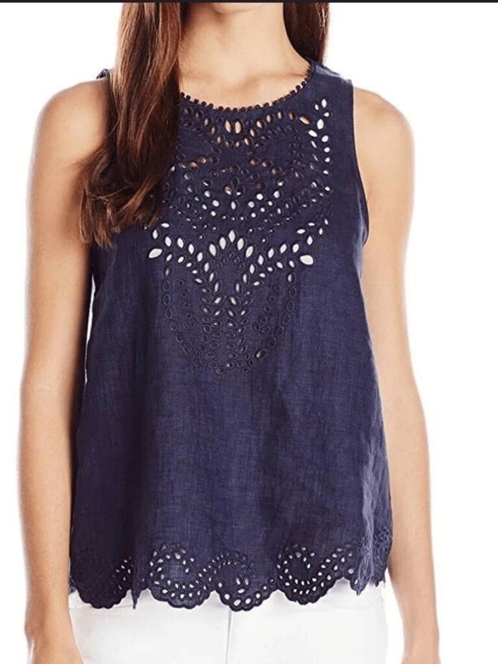 Joie Encyclia Navy Blue Linen Eyelet Lace Scalloped Tank Top Size M